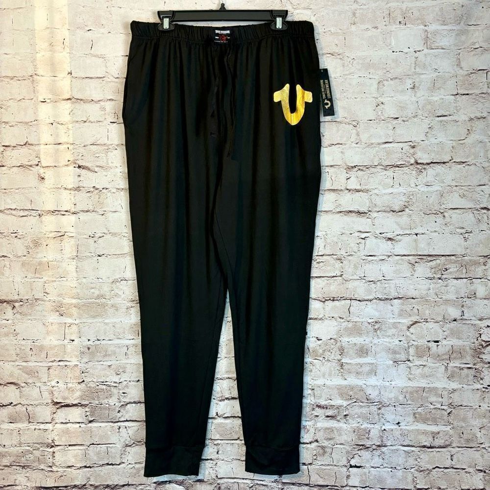 True Religion Sweatpants Joggers Black Gold Logo Drawstring New Size Large
